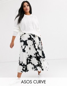 Атласная плиссированная юбка миди с коровьим принтом ASOS DESIGN Curve-Мульти