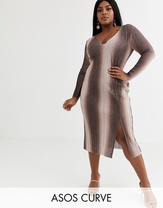 Платье миди с длинными рукавами и V-образным вырезом ASOS DESIGN Curve-Коричневый