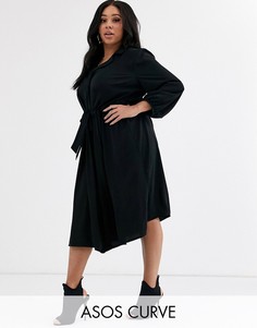 Платье-рубашка миди с пуговицами и присборенной талией ASOS DESIGN Curve-Черный