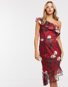 Платье миди на одно плечо с цветочной вышивкой Chi Chi London-Мульти