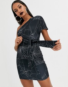 Платье мини для Хэллоуина на одно плечо с поясом и принтом паутины ASOS DESIGN-Мульти