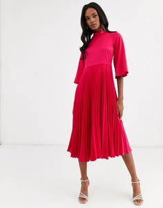 Атласное платье миди с плиссированной юбкой Closet London - fuchsia-Розовый