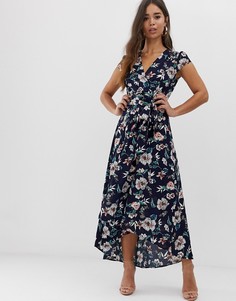 Платье с цветочным принтом и запахом AX Paris-Темно-синий