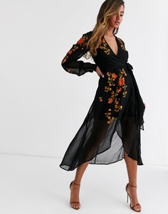 Платье миди с запахом спереди и вышивкой ASOS DESIGN-Черный