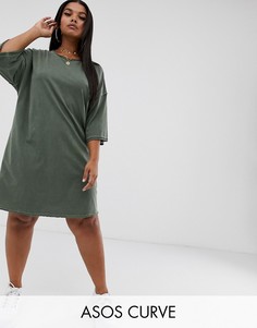 Свободное платье-футболка с необработанными краями ASOS DESIGN Curve-Зеленый