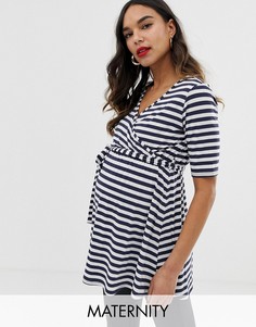 Бело-синий трикотажный топ в полоску с запахом спереди Bluebelle Maternity-Мульти