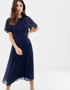 Плиссированное платье миди с рукавами клеш и кружевными вставками ASOS DESIGN-Темно-синий
