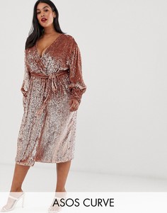 Платье миди с отделкой пайетками и запахом ASOS EDITION Curve-Медный