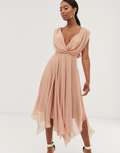 Платье миди с запахом и драпировкой на спине ASOS DESIGN-Розовый