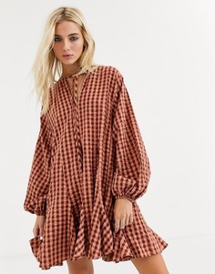 Платье-трапеция мини из сирсакера в клетку со вставками-клиньями ASOS DESIGN-Мульти
