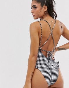 Слитный купальник в монохромную клетку с оборками ASOS DESIGN-Мульти