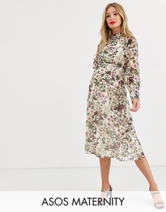 Кремовое платье миди с высоким воротом и сборками на манжетах Hope & Ivy Maternity-Кремовый
