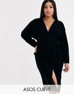 Бархатное платье миди с рукавами \летучая мышь\" ASOS DESIGN Curve-Темно-синий