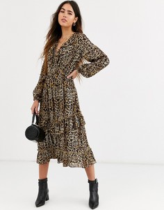 Коричневое платье миди с леопардовым принтом River Island-Золотой