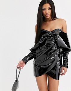 Виниловое платье мини с запахом, длинными рукавами и открытыми плечами ASOS DESIGN-Черный
