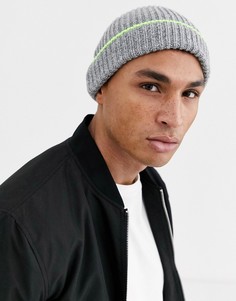 Серая шапка-бини с окантовкой неоновой расцветки River Island-Серый