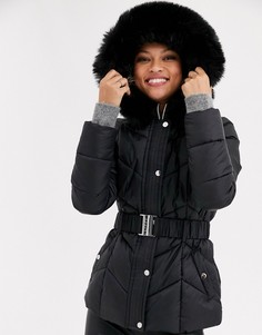 Черное дутое пальто с капюшоном и искусственным мехом Lipsy-Черный