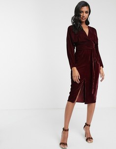 Бархатное платье миди с рукавами \летучая мышь\" и запахом ASOS DESIGN-Красный