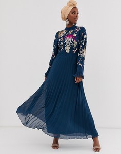 Платье макси с вышивкой и рукавами клеш ASOS DESIGN-Темно-синий