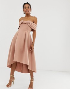 Платье миди для выпускного с открытыми плечами ASOS DESIGN-Коричневый