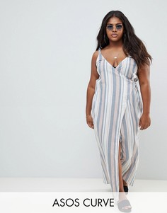 Пляжное платье макси в полоску с V-образным вырезом и запахом ASOS DESIGN Curve-Мульти