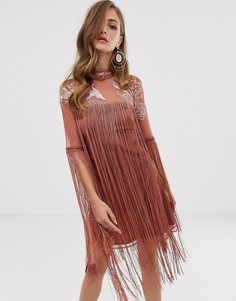 Платье мини с вышивкой и бахромой ASOS DESIGN-Розовый