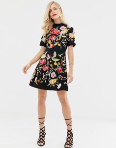 Платье мини с вышивкой, высоким воротом и открытой спиной ASOS DESIGN-Черный