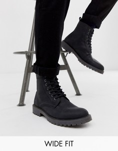 Черные кожаные ботинки для широкой стопы со шнуровкой и массивной подошвой ASOS DESIGN-Черный