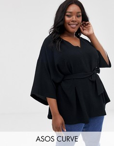 Фактурный oversize-топ с V-образным вырезом, поясом и рукавами 3/4 ASOS DESIGN Curve-Черный