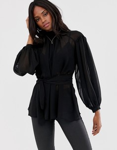 Прозрачный топ с высоким воротником и длинными пышными рукавами ASOS DESIGN-Черный