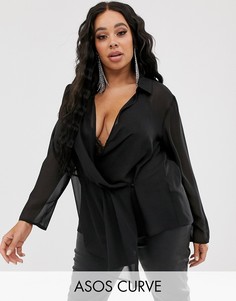 Полупрозрачный топ с запахом и драпировкой ASOS DESIGN Curve-Черный
