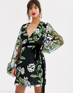Платье мини с запахом, широкими рукавами, поясом и вышивкой ASOS DESIGN-Темно-синий