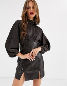 Платье-футляр миди из полиуретана с атласным лифом ASOS DESIGN-Коричневый