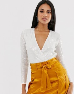 Белый боди с запахом и отделкой пайетками ASOS DESIGN