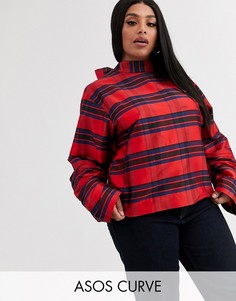 Клетчатый топ из тафты с длинными рукавами и завязкой ASOS DESIGN Curve-Мульти