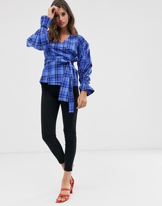 Фактурный топ в клетку с длинными рукавами и запахом ASOS DESIGN-Мульти