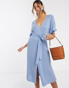 Платье миди в рубчик, с запахом и пышными рукавами ASOS DESIGN-Синий