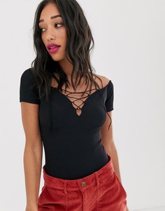 Черное боди с короткими рукавами и завязкой спереди Bershka-Черный