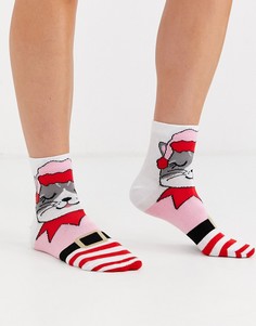 Новогодние носки с рисунком кота в костюме эльфа ASOS DESIGN-Розовый