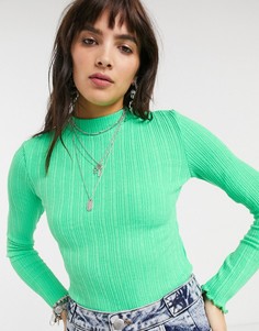 Зеленый лонгслив в рубчик Bershka