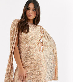 Золотистое платье мини с пайетками и складками на рукавах TFNC Petite-Золотой