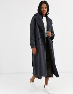 Длинное двустороннее пальто из цигейки с поясом Urbancode-Темно-синий