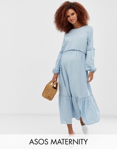 Голубое ярусное платье свободного кроя ASOS DESIGN Maternity-Синий