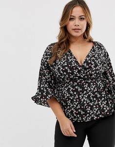 Блузка с длинными рукавами, запахом и цветочным принтом Fashion Union Plus-Черный
