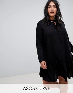 Свободное платье мини с пуговицами и завязкой на шее ASOS DESIGN Curve-Черный