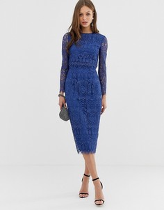 Кружевное платье-футляр миди с длинными рукавами ASOS DESIGN-Синий