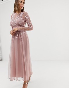 Платье миди с вышивкой и длинными рукавами ASOS DESIGN-Розовый