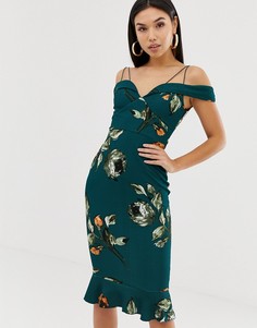 Платье миди с вырезами на плечах и цветочным принтом AX Paris-Синий