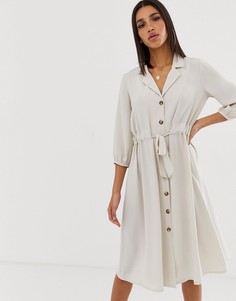 Платье-рубашка миди на пуговицах с присборенной талией ASOS DESIGN-Кремовый