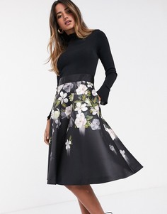 Приталенное платье миди с пышной юбкой и принтом Ted Baker Nerida-Черный